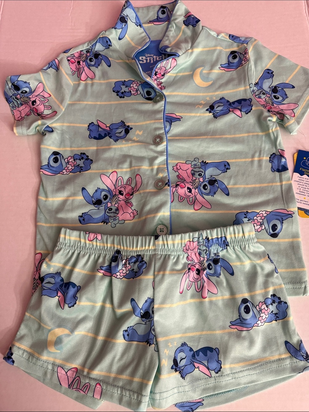 Disney Lilo & Stitch Mint Green Short Pajama Set with Blue & Pink Characters